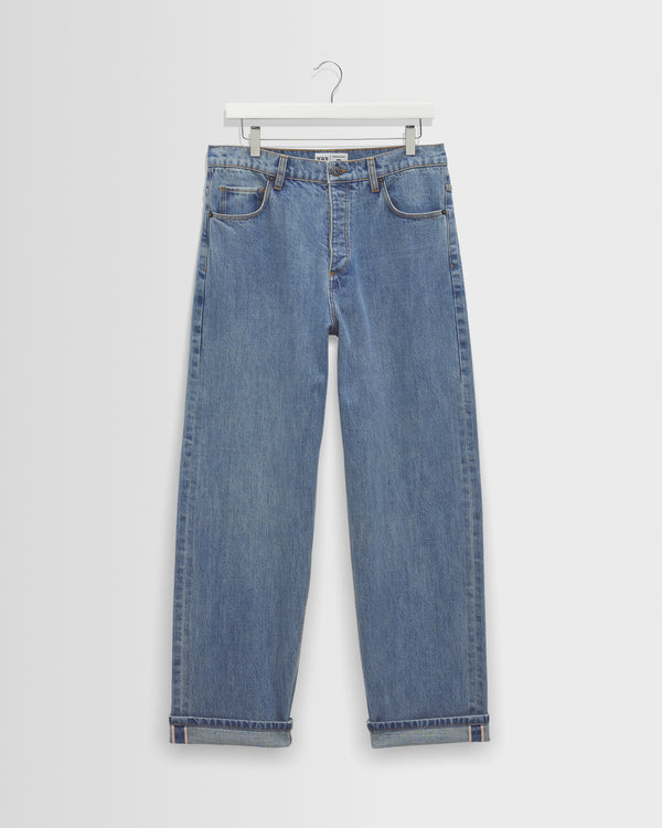 wax london men's Felix - Blue Wash Selvedge Loose Fit Denim Jeans