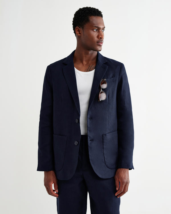 wax london men's Fintry - Navy Linen Single-Breasted Blazer