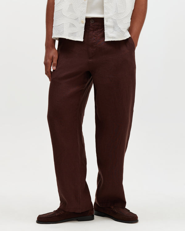 wax london men's Glencoe - Brown Washed Linen Loose Fit Trousers
