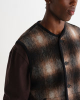 wax london men's GOWER GILET ELM WOOL BLEND CHECK BROWN / BLACK