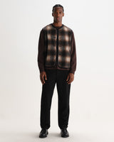 wax london men's GOWER GILET ELM WOOL BLEND CHECK BROWN / BLACK