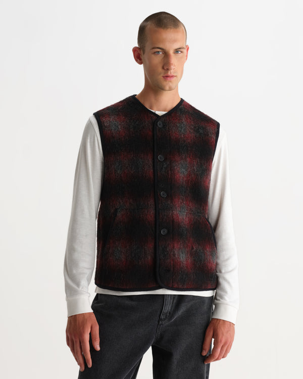 wax london men's GOWER GILET ELM WOOL BLEND CHECK RED / BLACK