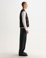 wax london men's GOWER GILET ELM WOOL BLEND CHECK RED / BLACK