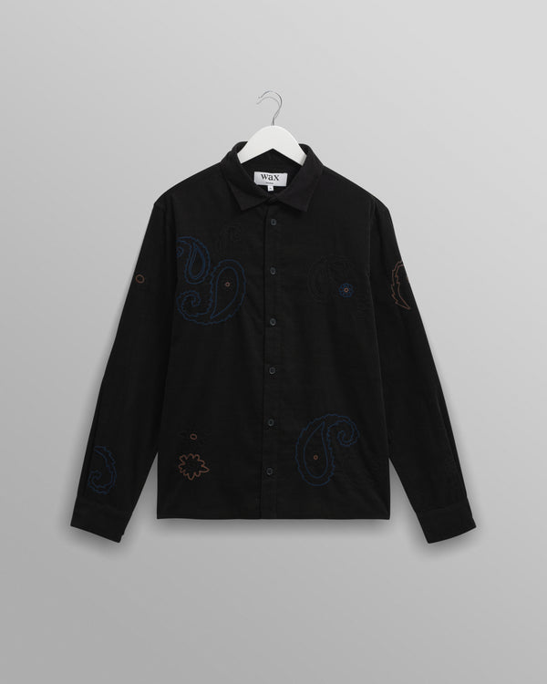 wax london men's Halcomb - Black And Multicolour Applique Corduroy Shirt