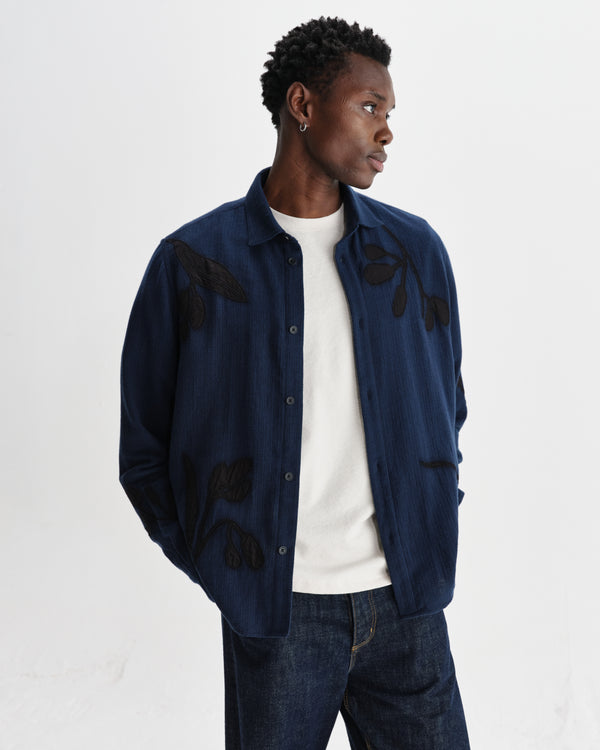 wax london men's Halcomb - Navy Herringbone Cotton Applique Shirt