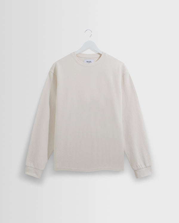 wax london men's Hayden - Ecru Textured Organic Cotton Long Sleeve T-Shirt