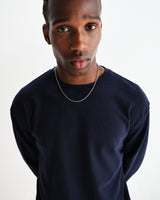 wax london men's Hayden - Navy Textured Organic Cotton Long Sleeve T-Shirt