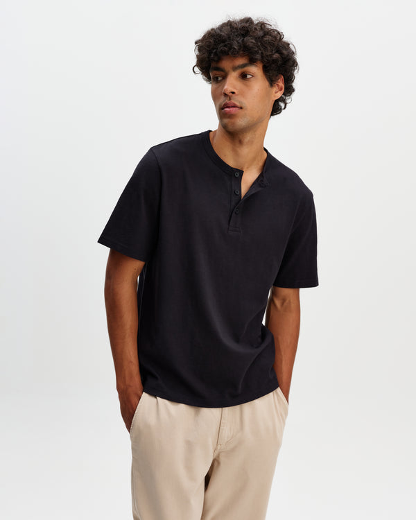wax london men's Hill - Black Slub Organic Cotton Henley T-Shirt