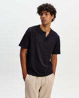 wax london men's Hill - Black Slub Organic Cotton Henley T-Shirt