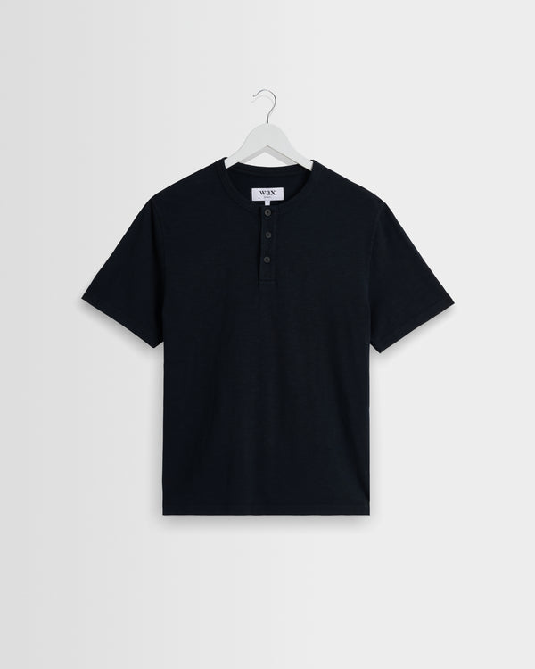 wax london men's Hill - Black Slub Organic Cotton Henley T-Shirt