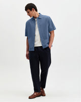 wax london men's Keats - Blue Cotton Seersucker Short-Sleeve Shirt