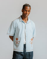 wax london men's Keats - Light Blue And Rust Embroidered Short-Sleeve Shirt