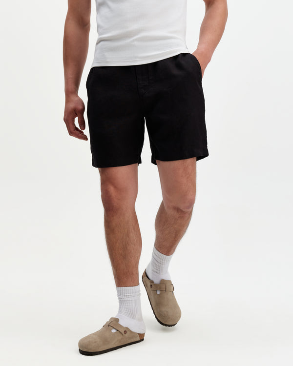 wax london men's Kurt - Black Washed Linen Shorts