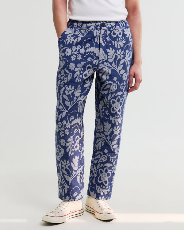 wax london men's Kurt - Blue And Ecru Floral Jacquard Relaxed Fit Trousers
