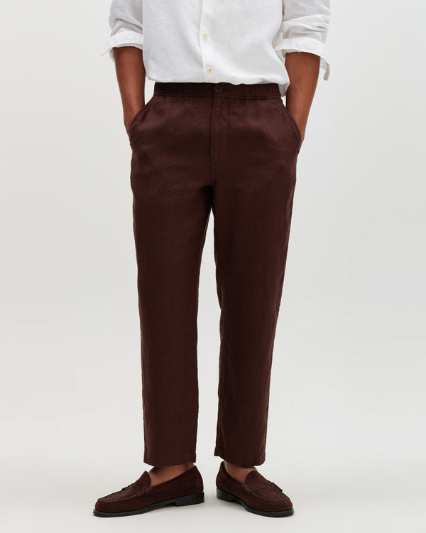 wax london men's Kurt - Brown Washed Linen Relaxed Fit Trousers