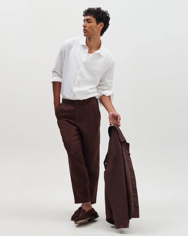 wax london men's Kurt - Brown Washed Linen Relaxed Fit Trousers