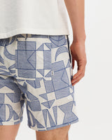 wax london men's Kurt - Ecru And Blue Geometric Embroidered Shorts