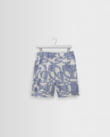 wax london men's Kurt - Ecru And Blue Geometric Embroidered Shorts