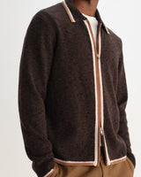 wax london men's Lennox - Brown And Natural Long-Sleeve Knitted Zip Polo
