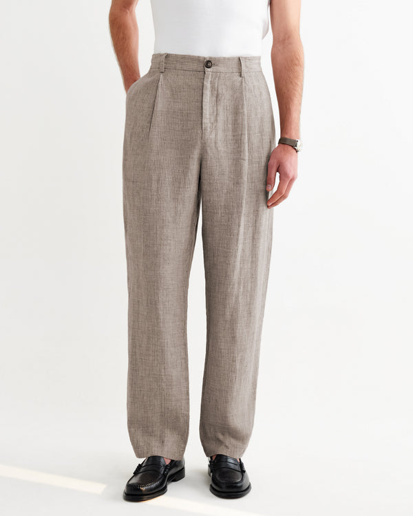 wax london men's Malham - Natural And Brown Stripe Linen Wide Fit Trousers
