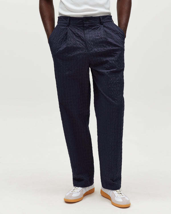 wax london men's Malham - Navy Dobby Cotton Wide Fit Trousers