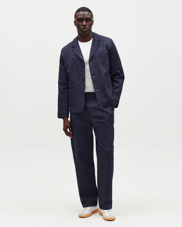 wax london men's Malham - Navy Dobby Cotton Wide Fit Trousers