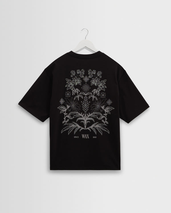wax london men's Milton - Black And Beige Botanical Graphic Cotton T-Shirt
