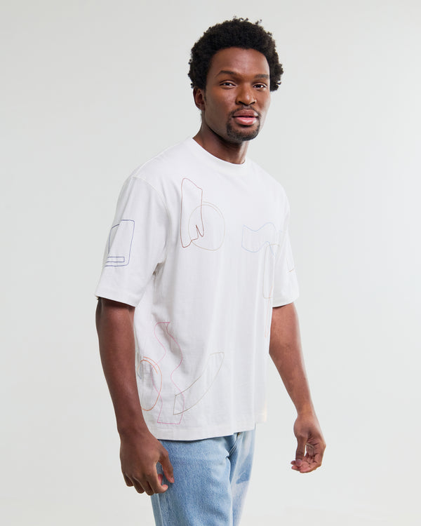 wax london men's Milton - Ecru Organic Cotton Embroidered Shapes T-Shirt
