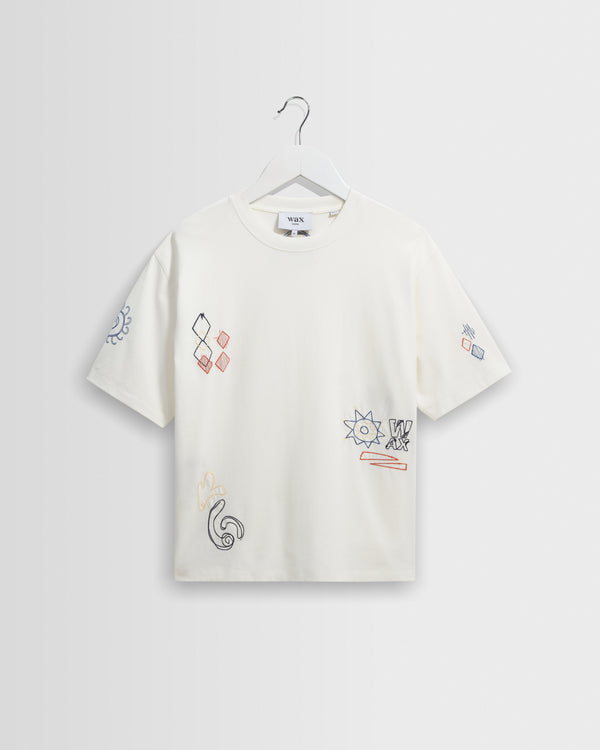 wax london men's Milton - Ecru Sun Doodle Organic Cotton Graphic T-Shirt