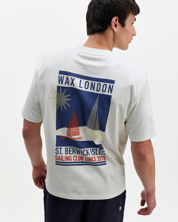wax london men's Milton - Off White Embroidered Sailing Graphic T-Shirt
