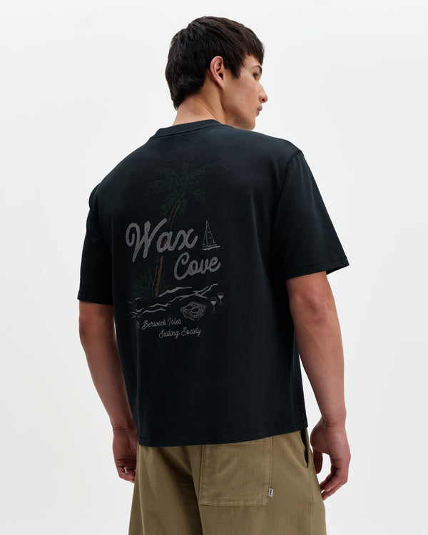 wax london men's Milton - Washed Black Organic Cotton Cove Graphic T-Shirt