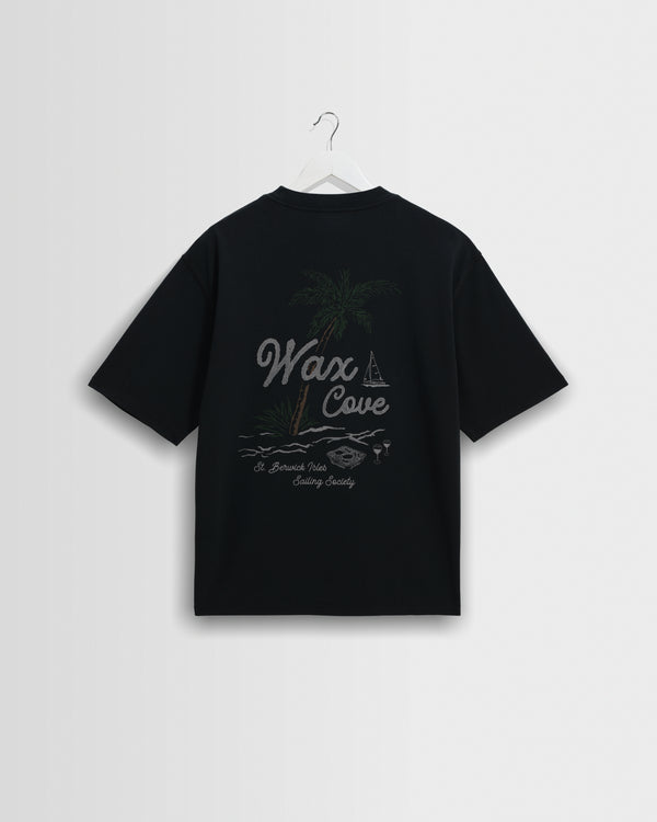 wax london men's Milton - Washed Black Organic Cotton Cove Graphic T-Shirt