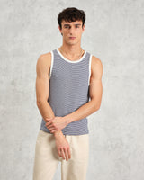 wax london men's Montague - Blue And Ecru Striped Ribbed Organic Cotton Vest