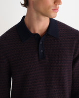 wax london men's Oban - Brown And Navy Geometric Long-Sleeve Knitted Polo