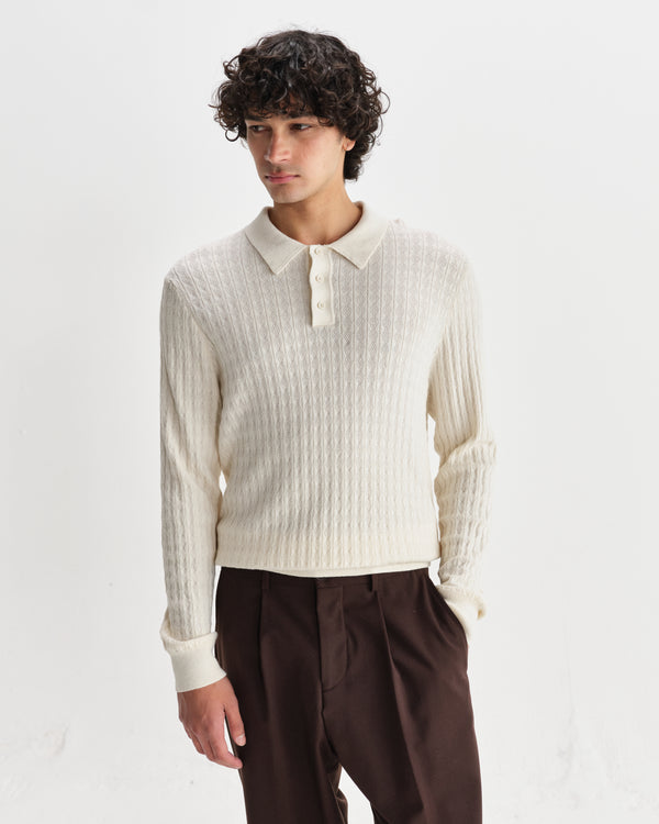 wax london men's Oban - Ecru Diamond Stripe Knitted Polo