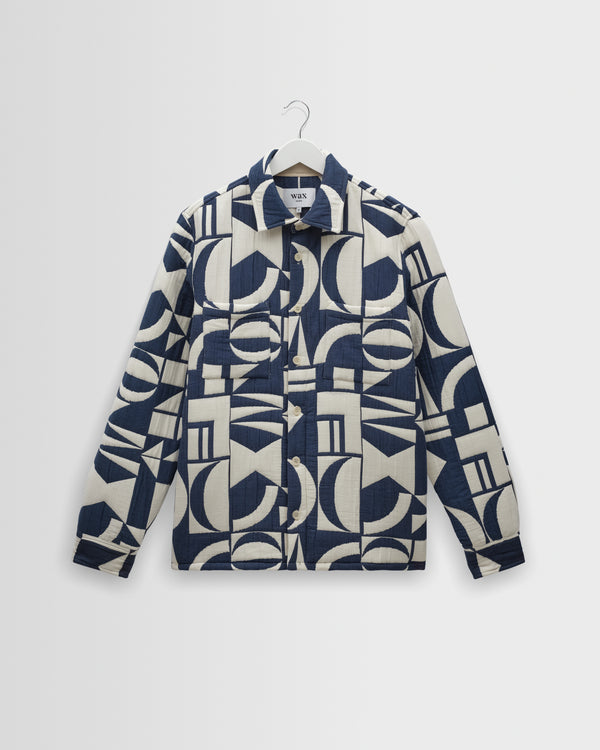 wax london men's Otto - Blue And Ecru Quilted Jacquard Overshirt