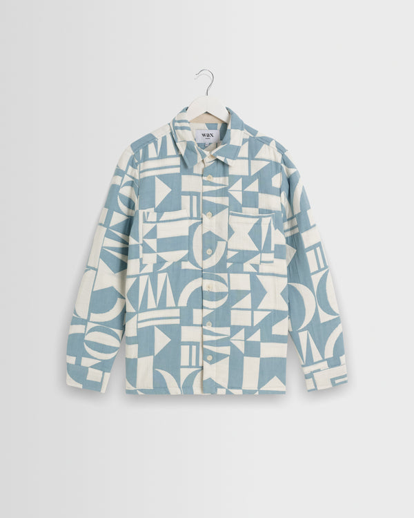 wax london men's Otto - Light Blue And Ecru Quilted Jacquard Overshirt