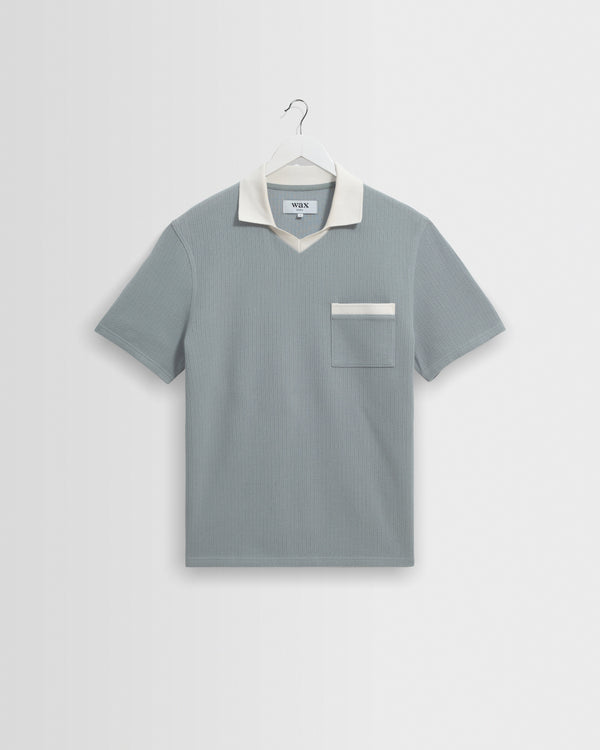 wax london men's Pendal - Blue And Ecru Ribbed Organic Cotton Polo Shirt