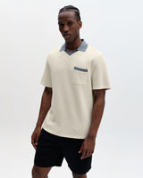wax london men's Pendal - Ecru And Blue Ribbed Organic Cotton Polo Shirt
