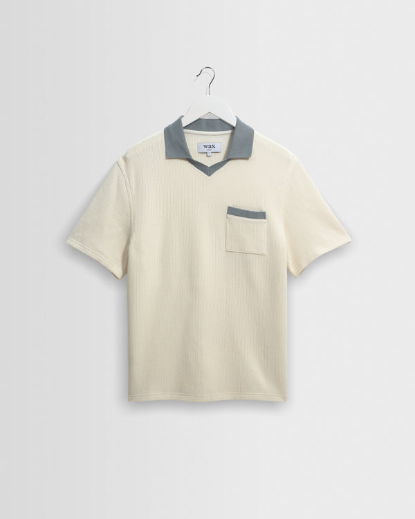 wax london men's Pendal - Ecru And Blue Ribbed Organic Cotton Polo Shirt