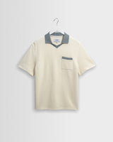 wax london men's Pendal - Ecru And Blue Ribbed Organic Cotton Polo Shirt