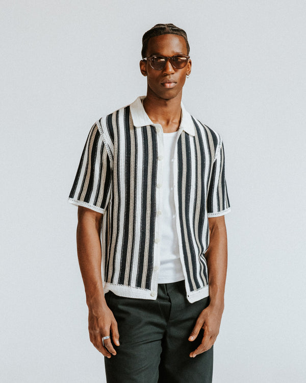 wax london men's Porto - Ecru And Black Stripe Crochet Knitted Shirt