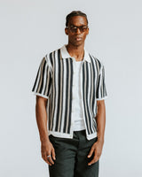 wax london men's Porto - Ecru And Black Stripe Crochet Knitted Shirt
