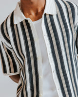 wax london men's Porto - Ecru And Black Stripe Crochet Knitted Shirt