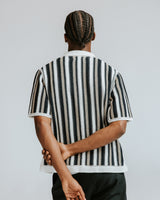 wax london men's Porto - Ecru And Black Stripe Crochet Knitted Shirt