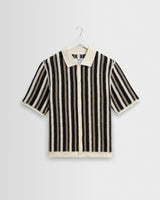 wax london men's Porto - Ecru And Black Stripe Crochet Knitted Shirt