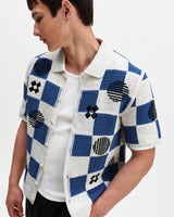 wax london men's Porto - Ecru And Blue Square Crochet Knitted Shirt
