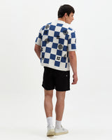 wax london men's Porto - Ecru And Blue Square Crochet Knitted Shirt