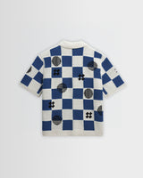 wax london men's Porto - Ecru And Blue Square Crochet Knitted Shirt