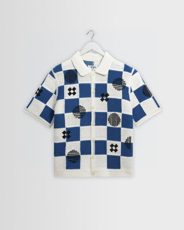 wax london men's Porto - Ecru And Blue Square Crochet Knitted Shirt